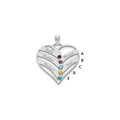 14K White Gold 14Kw 5 Name Birthstones 18K Rhod Plated Bezel Cut Out Heart Pendant