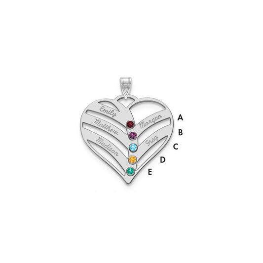 14K White Gold 14Kw 5 Name Birthstones 18K Rhod Plated Bezel Cut Out Heart Pendant