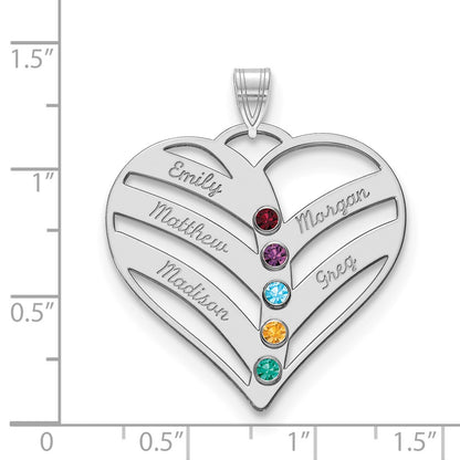 14K White Gold 14Kw 5 Name Birthstones 18K Rhod Plated Bezel Cut Out Heart Pendant