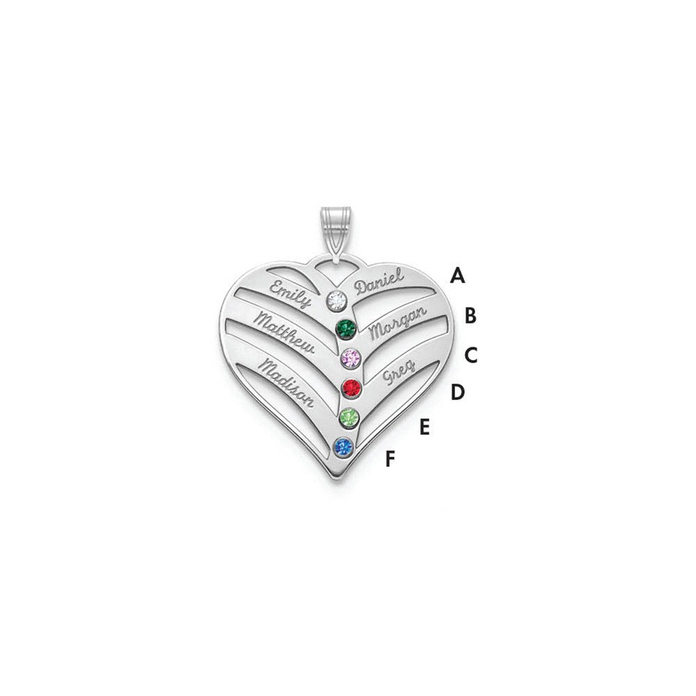 14K White Gold 14Kw 6 Name Birthstones 18K Rhod Plated Bezel Cut Out Heart Pendant