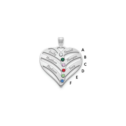 14K White Gold 14Kw 6 Name Birthstones 18K Rhod Plated Bezel Cut Out Heart Pendant