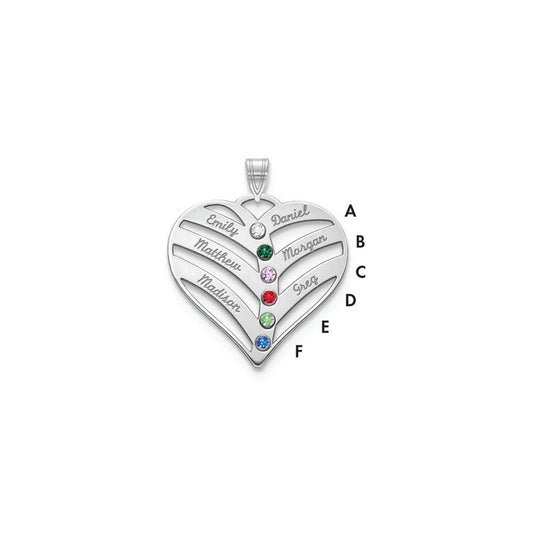 14K White Gold 14Kw 6 Name Birthstones 18K Rhod Plated Bezel Cut Out Heart Pendant