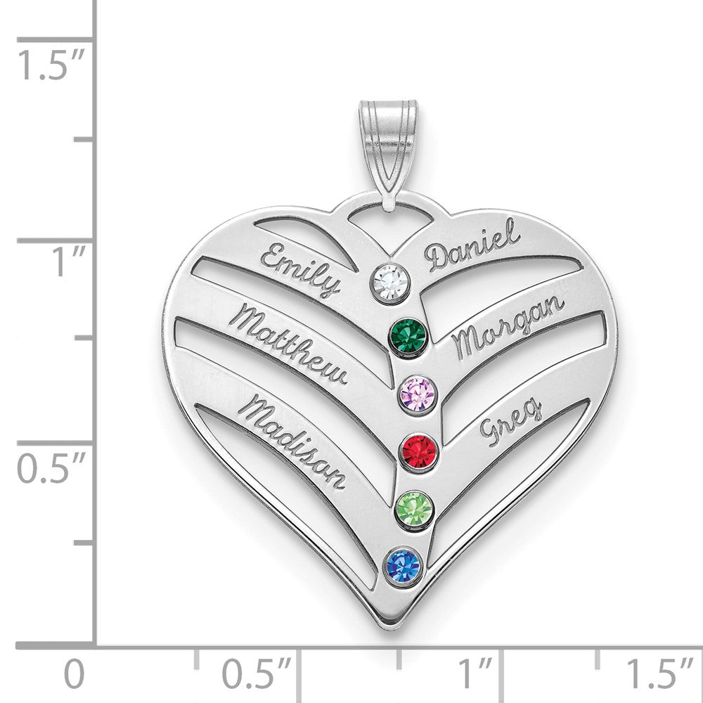 14K White Gold 14Kw 6 Name Birthstones 18K Rhod Plated Bezel Cut Out Heart Pendant