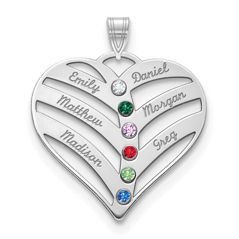 14K White Gold 14Kw 6 Name Birthstones 18K Rhod Plated Bezel Cut Out Heart Pendant
