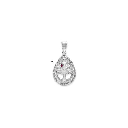 14K White Gold 14Kw 1 Birthstone Tree Of Life Tear Drop Pendant