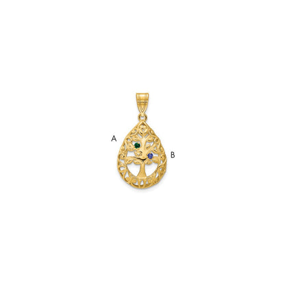 14K Yellow Gold 14Ky 2 Birthstone Tree Of Life Tear Drop Pendant