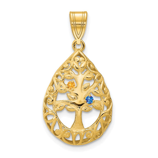 14K Yellow Gold 14Ky 2 Birthstone Tree Of Life Tear Drop Pendant