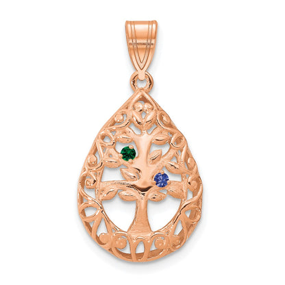 Rose Plated Sterling Silver/Rose 2 Birthstone Tree Of Life Tear Drop Pendant