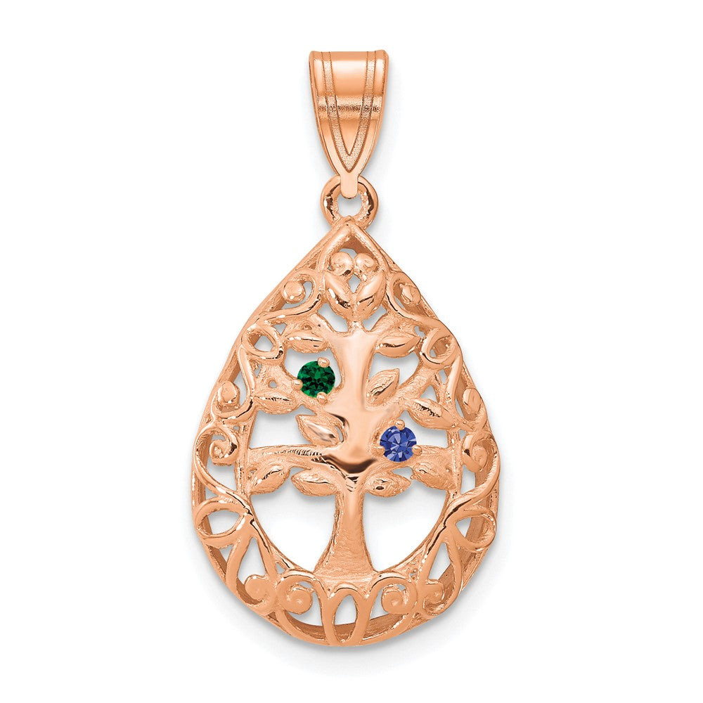 14K Rose Gold 2 Birthstone Tree Of Life Tear Drop Pendant