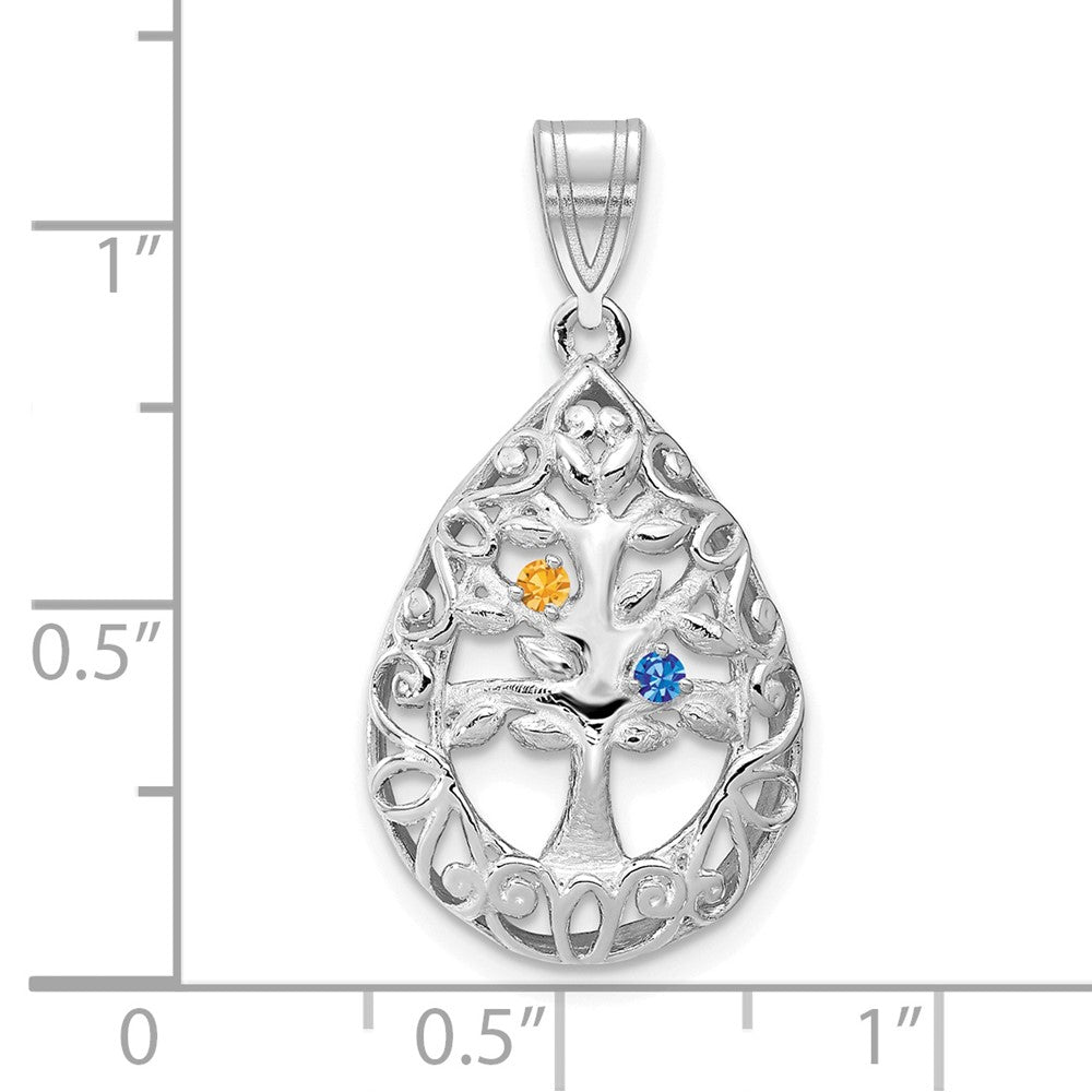 14K White Gold 14Kw 2 Birthstone Tree Of Life Tear Drop Pendant
