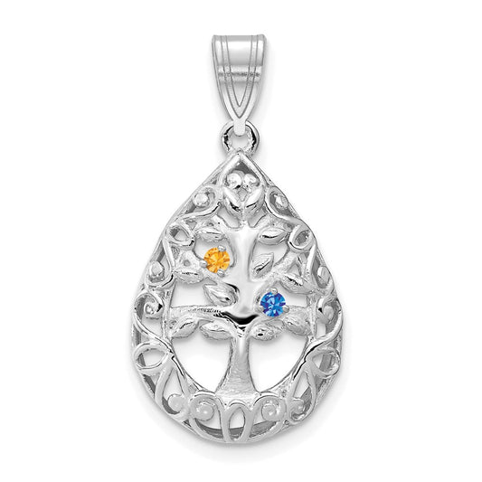 14K White Gold 14Kw 2 Birthstone Tree Of Life Tear Drop Pendant