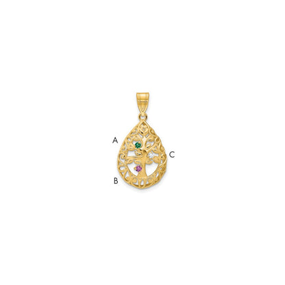 14K Yellow Gold 14Ky 3 Birthstone Tree Of Life Tear Drop Pendant