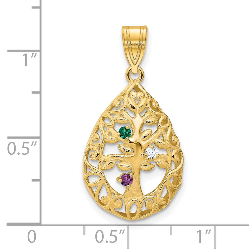 14K Yellow Gold 14Ky 3 Birthstone Tree Of Life Tear Drop Pendant