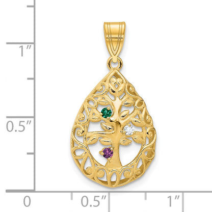 14K Yellow Gold 14Ky 3 Birthstone Tree Of Life Tear Drop Pendant
