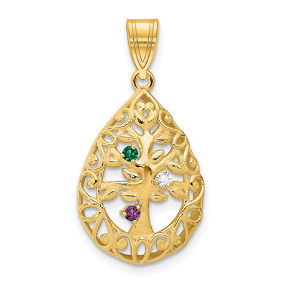 14K Yellow Gold 14Ky 3 Birthstone Tree Of Life Tear Drop Pendant