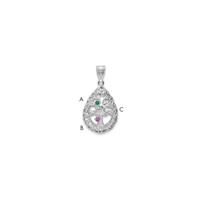 14K White Gold 14Kw 3 Birthstone Tree Of Life Tear Drop Pendant