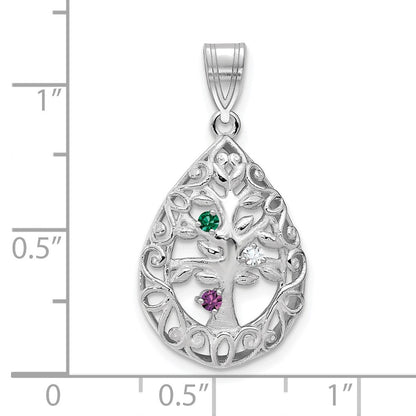 14K White Gold 14Kw 3 Birthstone Tree Of Life Tear Drop Pendant