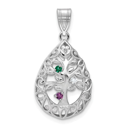 14K White Gold 14Kw 3 Birthstone Tree Of Life Tear Drop Pendant