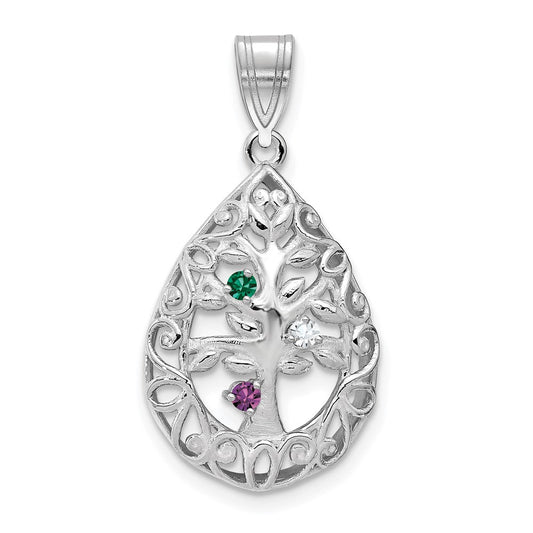 14K White Gold 14Kw 3 Birthstone Tree Of Life Tear Drop Pendant