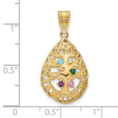 14K Yellow Gold 14Ky 4 Birthstone Tree Of Life Tear Drop Pendant