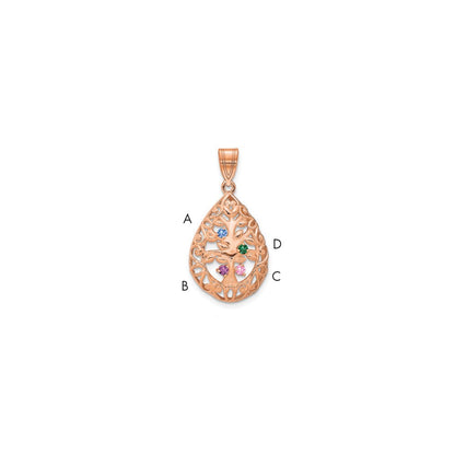 14K Rose Gold 4 Birthstone Tree Of Life Tear Drop Pendant