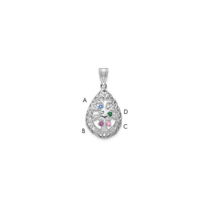 14K White Gold 14Kw 4 Birthstone Tree Of Life Tear Drop Pendant