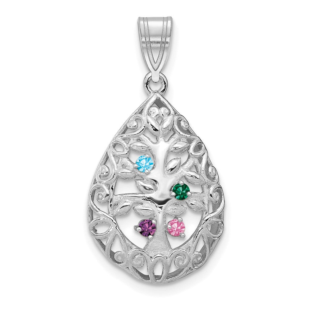 14K White Gold 14Kw 4 Birthstone Tree Of Life Tear Drop Pendant