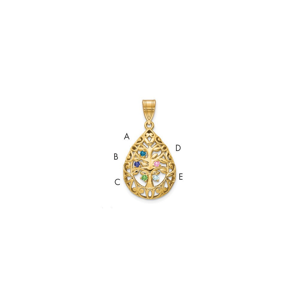 14K Yellow Gold 14Ky 5 Birthstone Tree Of Life Tear Drop Pendant