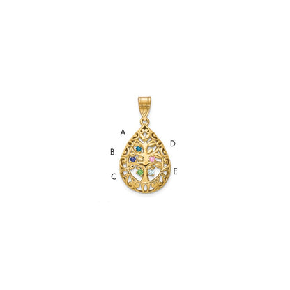 14K Yellow Gold 14Ky 5 Birthstone Tree Of Life Tear Drop Pendant