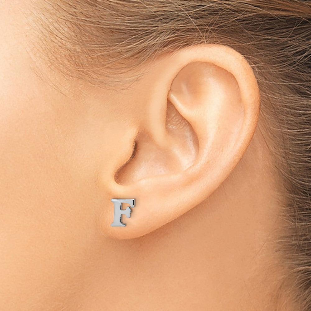 Sterling Silver Rhodium Plated Letter F Initial Post Earrings