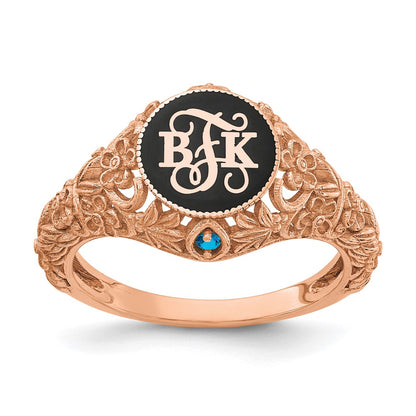 14K Rose Gold Filigree Epoxy And Birthstone Monogram Ring