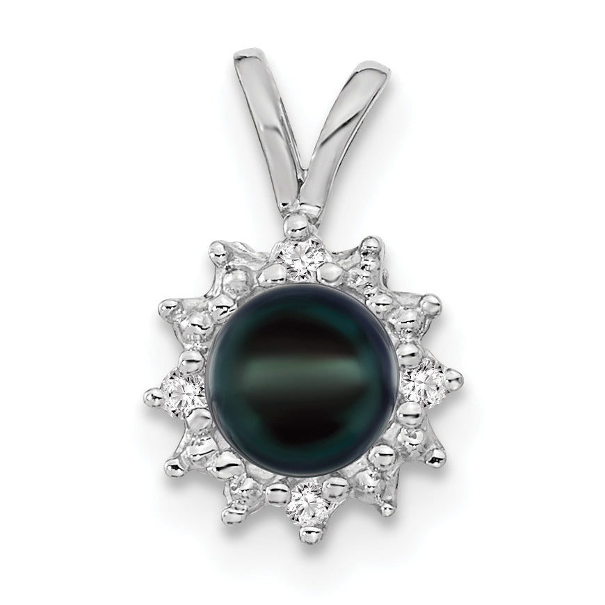 14K White Gold 4.5mm Black Fw Cultured Pearl Aa Diamond Pendant
