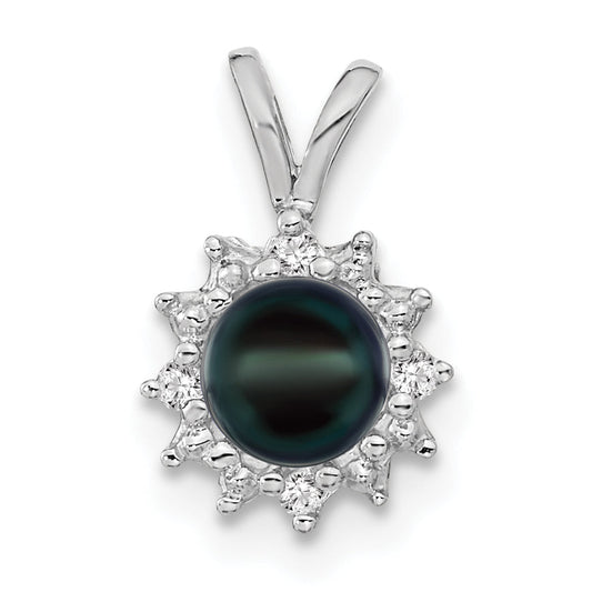 14K White Gold 4.5mm Black Fw Cultured Pearl Aa Diamond Pendant