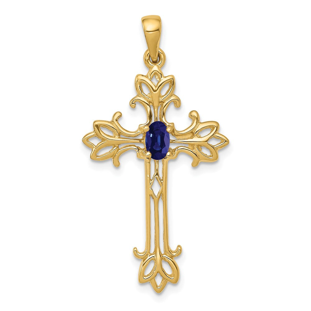 14K Yellow Gold 5X3mm Oval Sapphire Cross Pendant