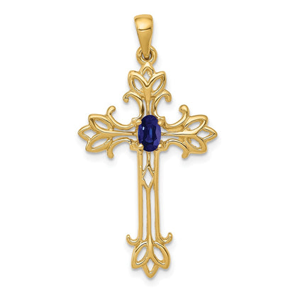 14K Yellow Gold 5X3mm Oval Sapphire Cross Pendant