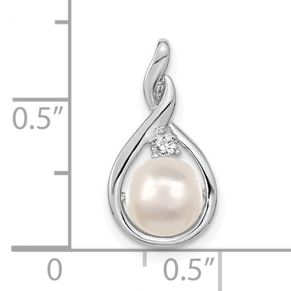 14K White Gold 7mm Round Fw Cultured Pearl Aaa Diamond Pendant