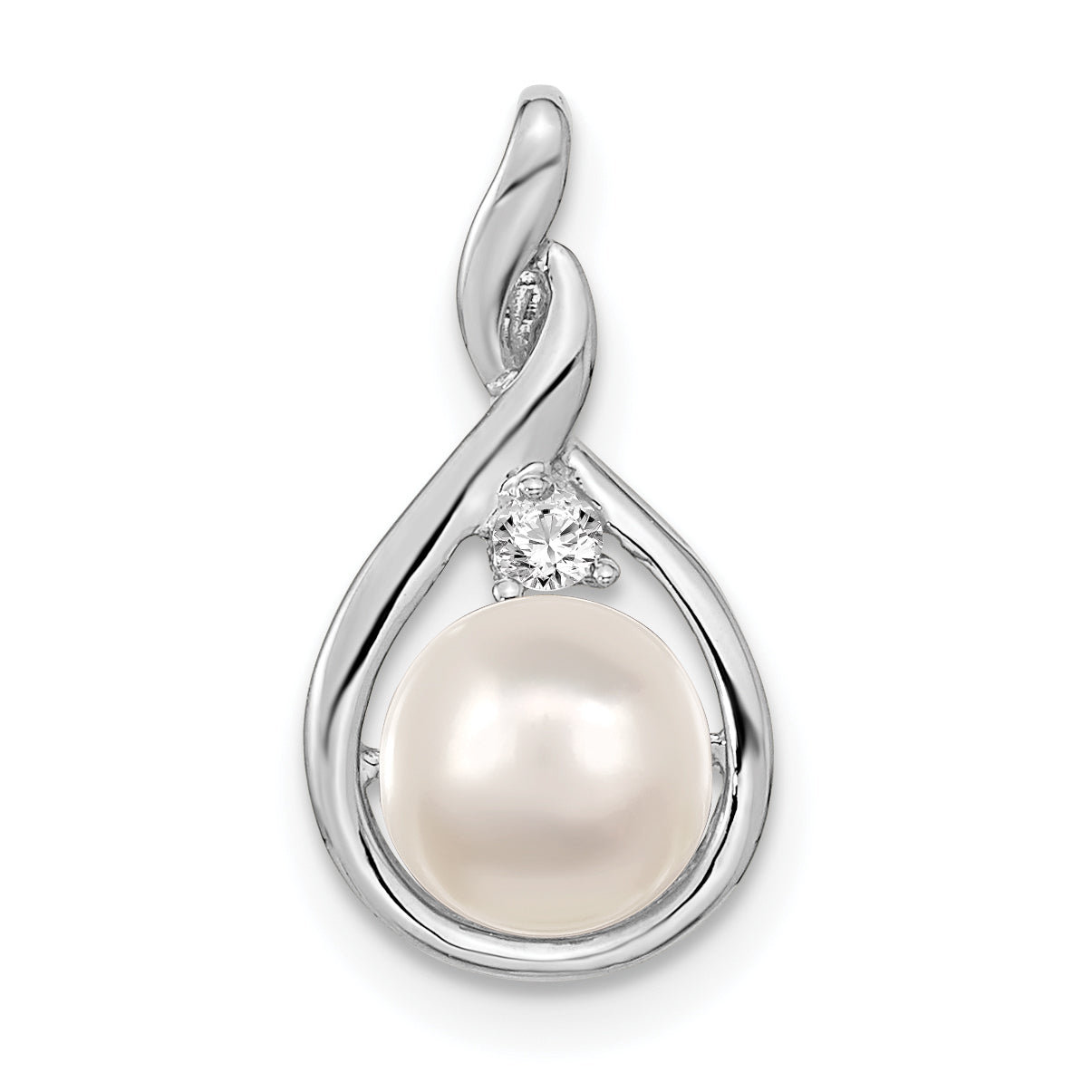 14K White Gold 7mm Round Fw Cultured Pearl Aaa Diamond Pendant
