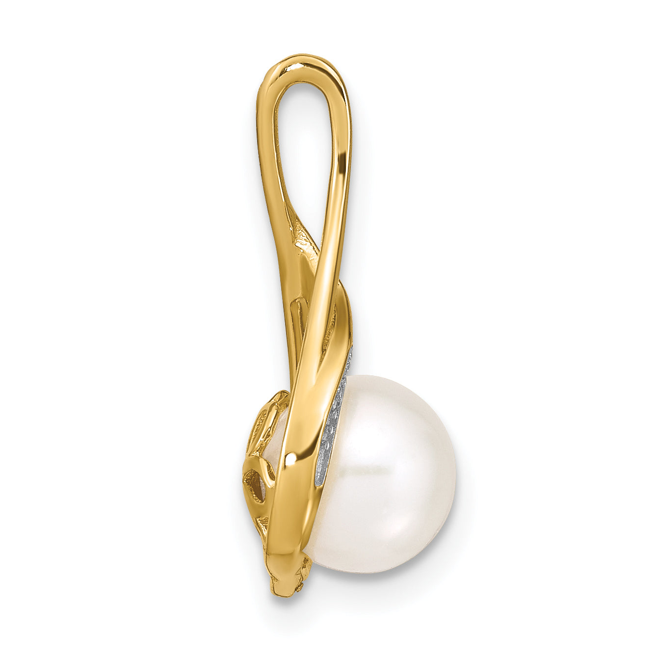 14K Yellow Gold 7 8mm White Round Fw Cultured Pearl And Diamond Pendant