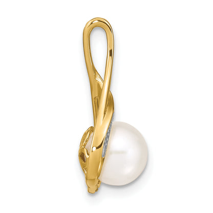 14K Yellow Gold 7 8mm White Round Fw Cultured Pearl And Diamond Pendant