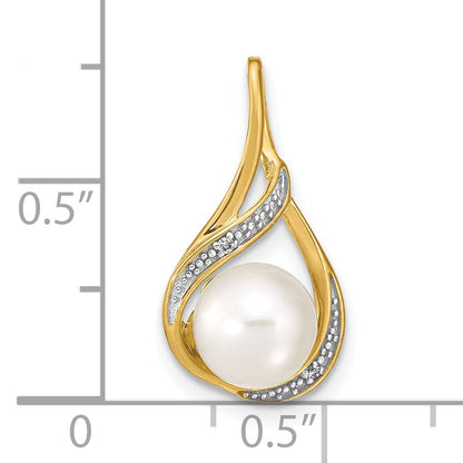 14K Yellow Gold 7 8mm White Round Fw Cultured Pearl And Diamond Pendant