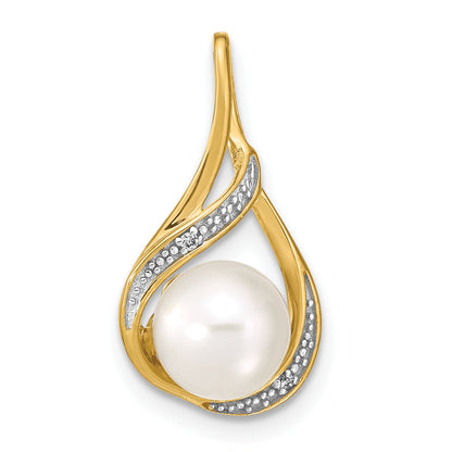 14K Yellow Gold 7 8mm White Round Fw Cultured Pearl And Diamond Pendant