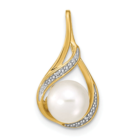 14K Yellow Gold 7 8mm White Round Fw Cultured Pearl And Diamond Pendant