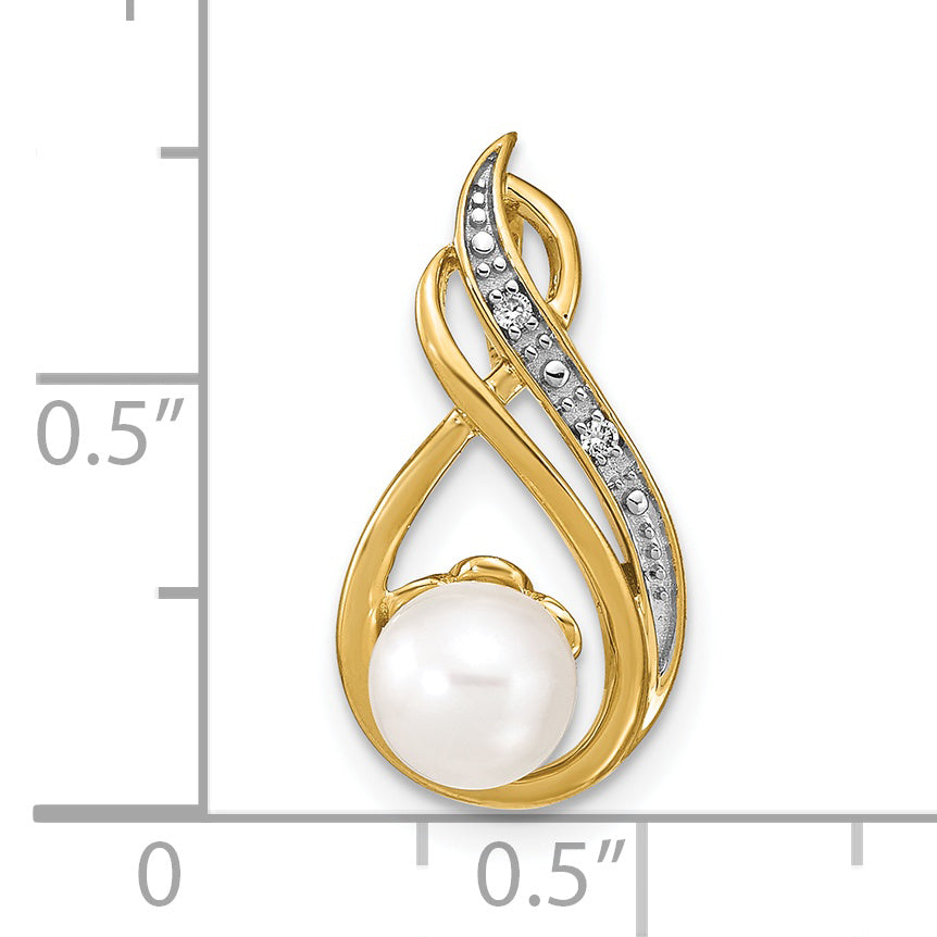 14K Yellow Gold 6 7mm White Round Fw Cultured Pearl And Diamond Pendant