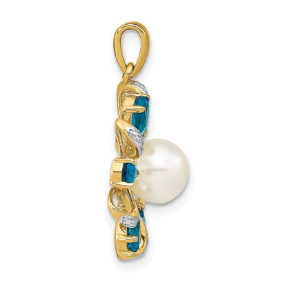 14K Yellow Gold Diamond And 6 7mm Button Fwc Pearl/London Blue Topaz Pendant