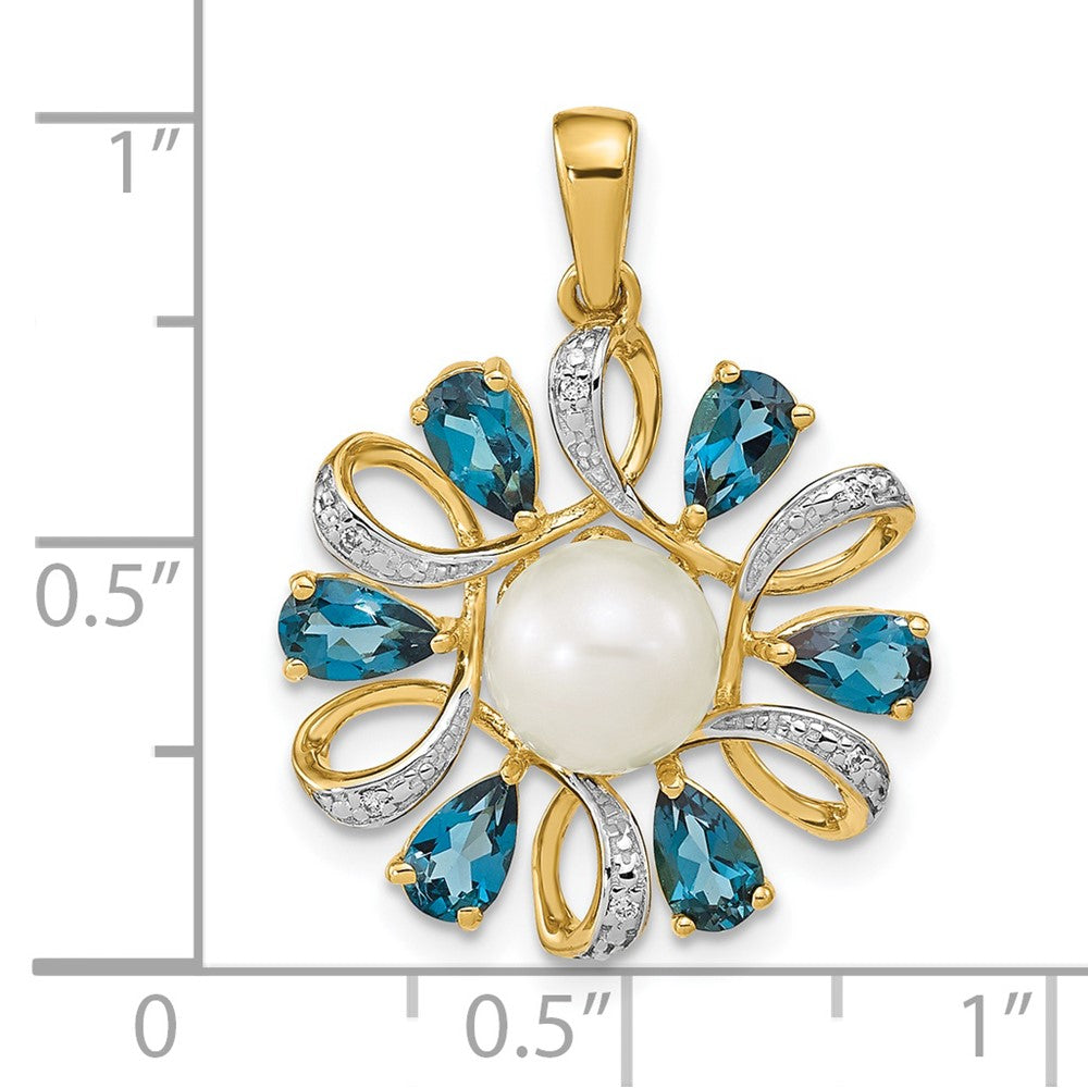 14K Yellow Gold Diamond And 6 7mm Button Fwc Pearl/London Blue Topaz Pendant