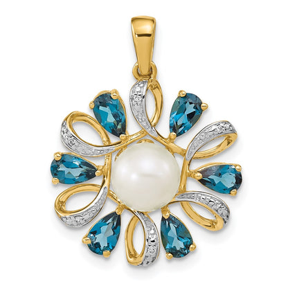 14K Yellow Gold Diamond And 6 7mm Button Fwc Pearl/London Blue Topaz Pendant