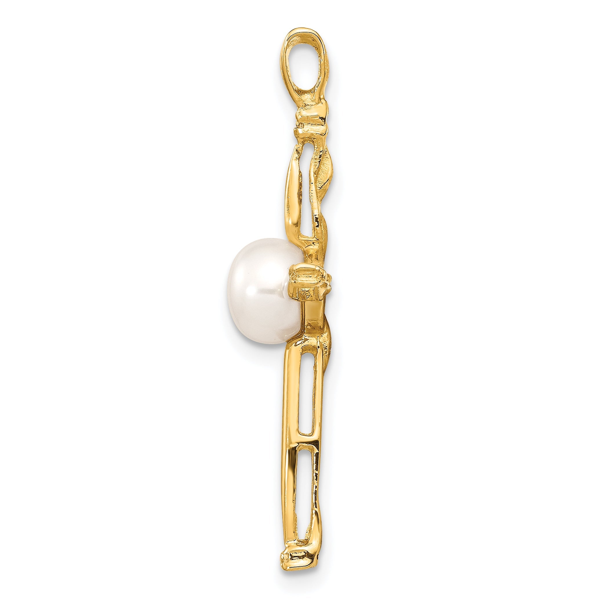 14K Yellow Gold 6 7mm White Button Freshwater Cultured Pearl And .02 Carat Diamond Cross Pendant