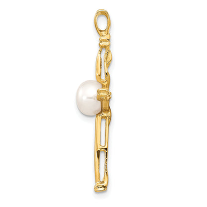 14K Yellow Gold 6 7mm White Button Freshwater Cultured Pearl And .02 Carat Diamond Cross Pendant