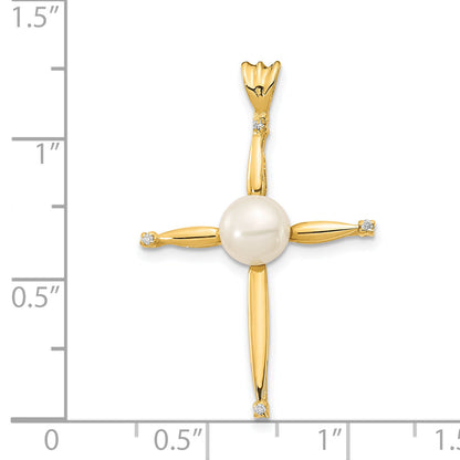 14K Yellow Gold 6 7mm White Button Freshwater Cultured Pearl And .02 Carat Diamond Cross Pendant