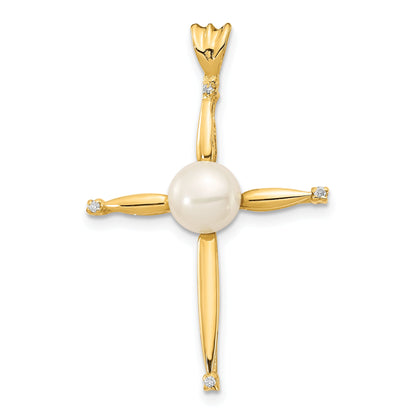 14K Yellow Gold 6 7mm White Button Freshwater Cultured Pearl And .02 Carat Diamond Cross Pendant